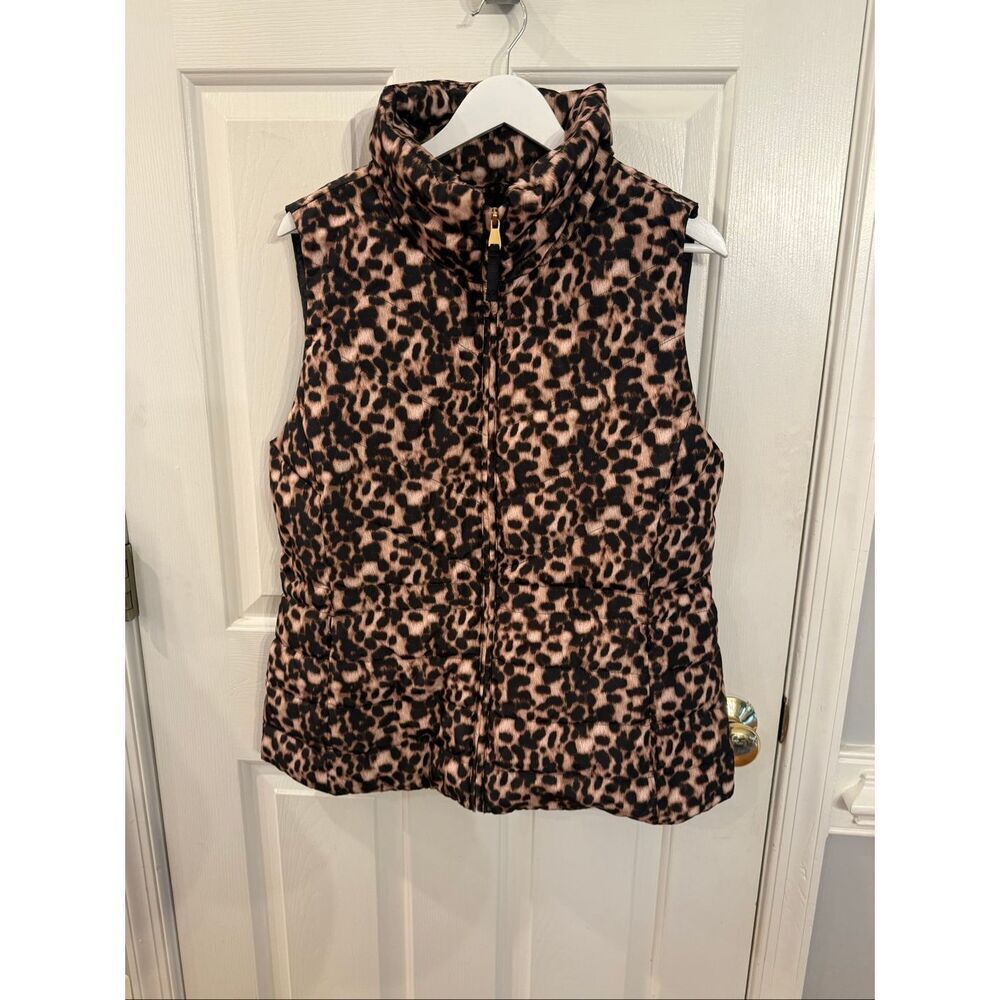Talbots Black & Tan Leopard Quilted Puffer Mob Wife Vest sz L NWOT